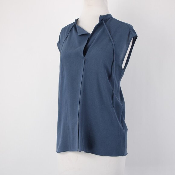 Vince Top Sz M Blue Collared V Neck Unlined 100% Silk Top - Picture 4 of 13